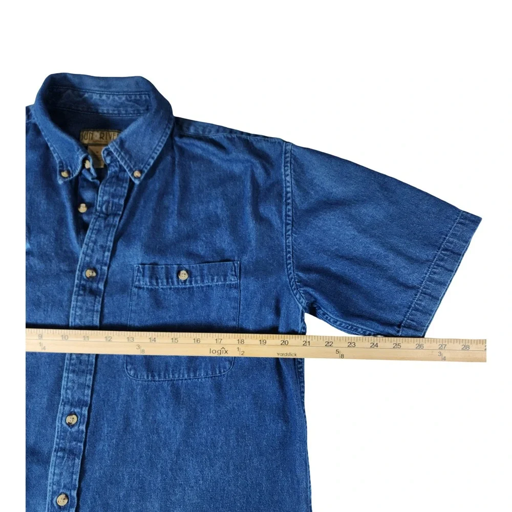 Sun River‎ Mens Blue Denim Bass Fish Embroidered Short Sleeve Shirt Medium